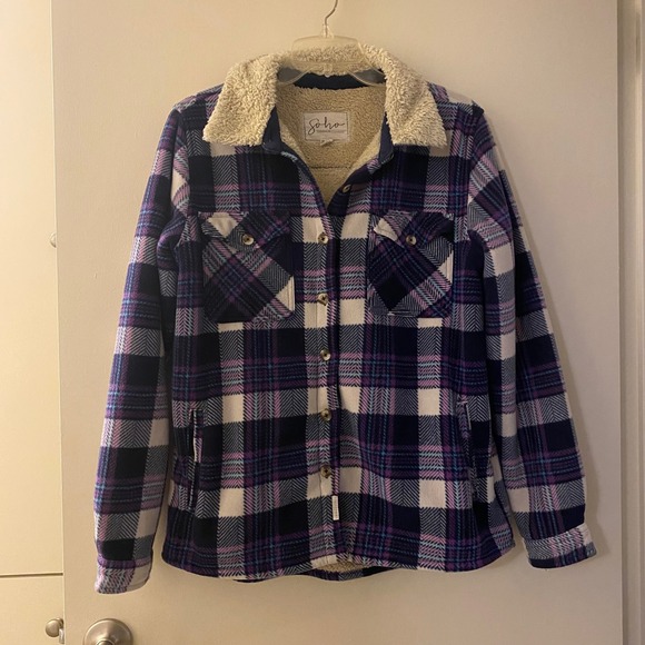 Soho Apparel Purple Plaid Sherpa Lined Shacket Cozy Winter Jacket Medium - Picture 2 of 16
